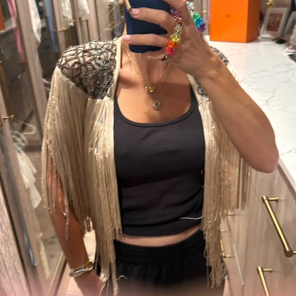 Fringe beaded cropped open face Cleobella jacket